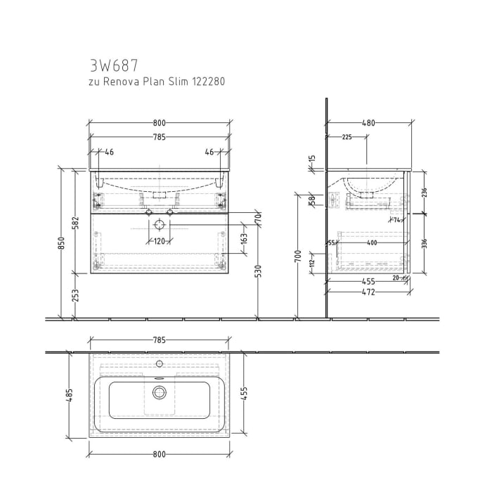 Sanipa 3way Waschtischunterbau für Keramik-Waschtisch Renova Plan Slim 80 cm, 2 Auszüge mit Stangengriff