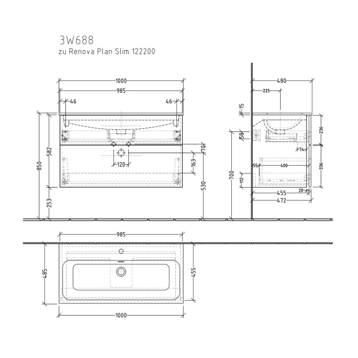 Sanipa 3way Waschtischunterbau für Keramik-Waschtisch Renova Plan Slim 100 cm, 2 Auszüge mit Griffleisten