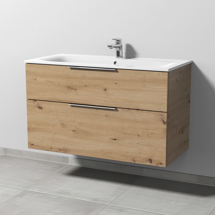 Sanipa 3way Waschtischunterbau für Keramik-Waschtisch Renova Plan Slim 100 cm, 2 Auszüge mit Aufsatzgriff