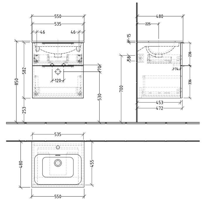Sanipa 3way Waschtischunterbau für Keramik-Waschtisch Renova Plan Slim 55 cm, 2 Auszüge mit Push to open