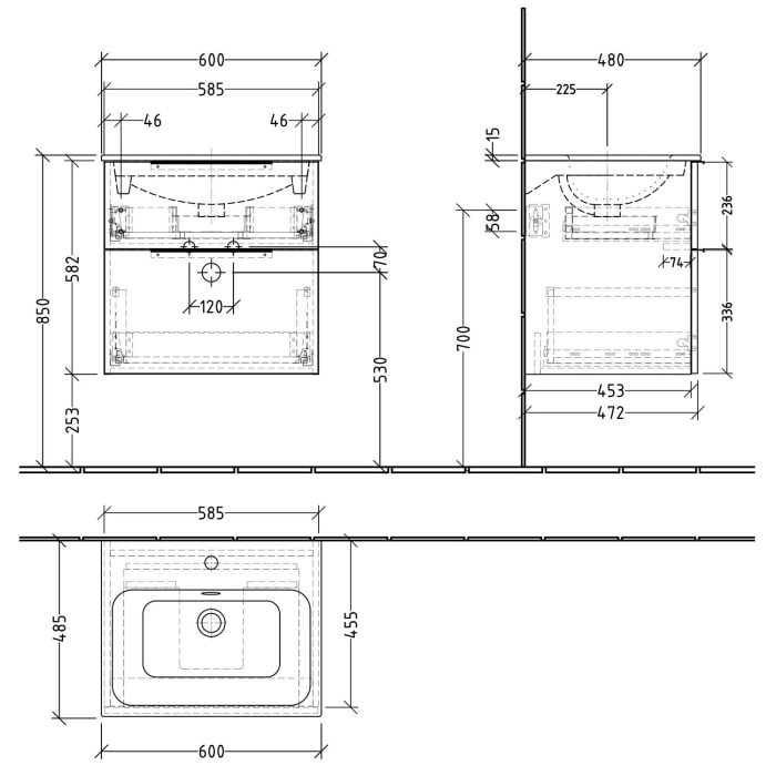 Sanipa 3way Waschtischunterbau für Keramik-Waschtisch Renova Plan Slim 60 cm, 2 Auszüge mit Push to open