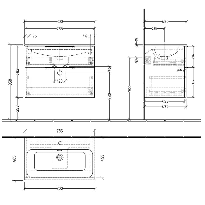 Sanipa 3way Waschtischunterbau für Keramik-Waschtisch Renova Plan Slim 80 cm, 2 Auszüge mit Push to open