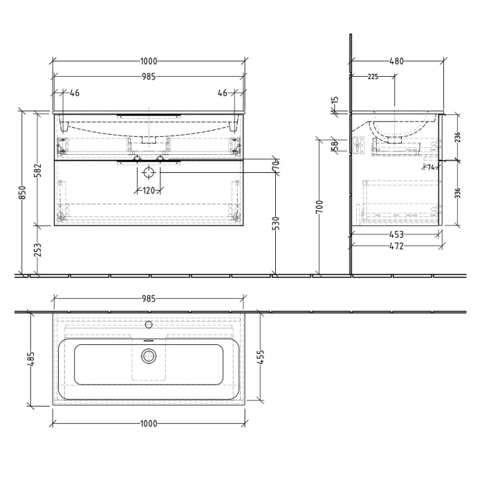 Sanipa 3way Waschtischunterbau für Keramik-Waschtisch Renova Plan Slim 100 cm, 2 Auszüge mit Push to open