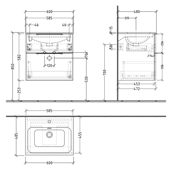 Sanipa 3way Waschtischunterbau für Keramik-Waschtisch Renova Plan Slim 60 cm, 2 Auszüge mit Aufsatzgriff