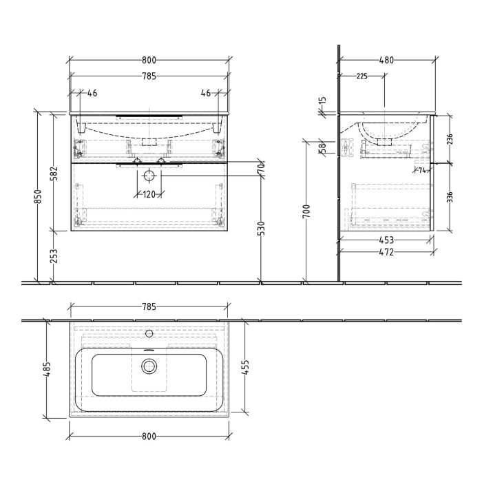 Sanipa 3way Waschtischunterbau für Keramik-Waschtisch Renova Plan Slim 80 cm, 2 Auszüge mit Aufsatzgriff
