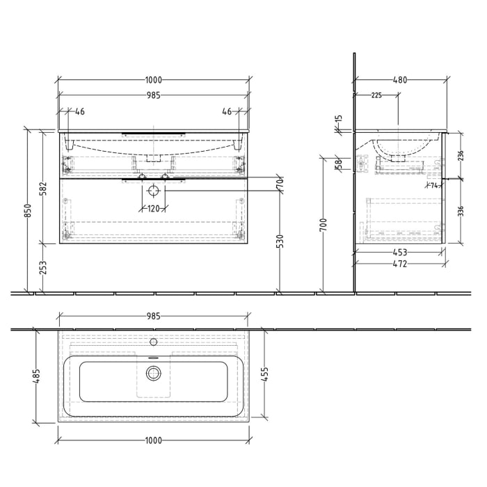 Sanipa 3way Waschtischunterbau für Keramik-Waschtisch Renova Plan Slim 100 cm, 2 Auszüge mit Aufsatzgriff
