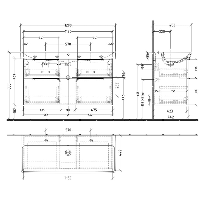 Sanipa 3way Waschtischunterbau für Keramik-Waschtisch Smyle Square 120 cm, 4 Auszüge mit Aufsatzgriff