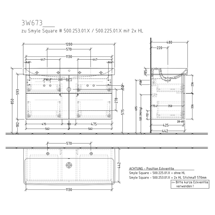 Sanipa 3way Waschtischunterbau für Keramik-Waschtisch Smyle Square 120 cm, 4 Auszüge mit Stangengriff