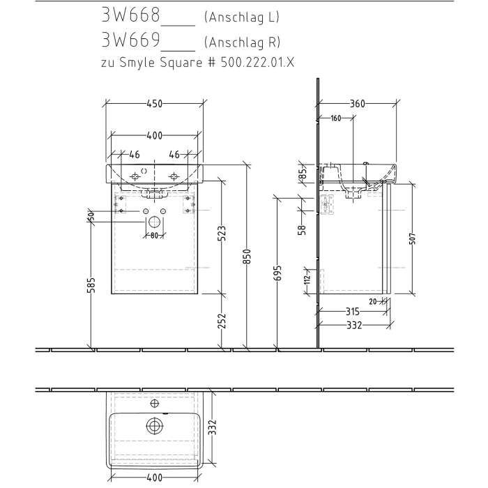 Sanipa 3way Waschtischunterbau für Keramik-Waschtisch Smyle Square 45 cm, 1 Tür, Anschlag links, mit Griffleiste