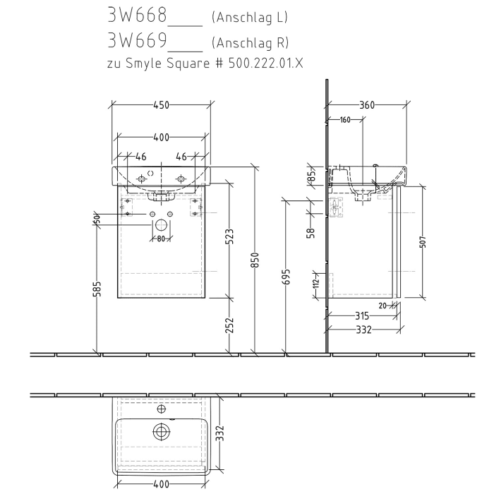 Sanipa 3way Waschtischunterbau für Keramik-Waschtisch Smyle Square 45 cm, 1 Tür, Anschlag rechts, mit Griffleiste