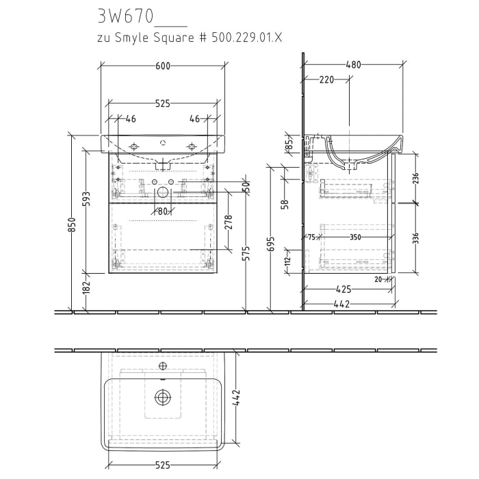 Sanipa 3way Waschtischunterbau für Keramik-Waschtisch Smyle Square 60 cm, 2 Auszüge mit Griffleisten