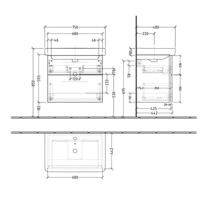 Sanipa 3way Waschtischunterbau für Keramik-Waschtisch Smyle Square 75 cm, 2 Auszüge mit Griffleisten