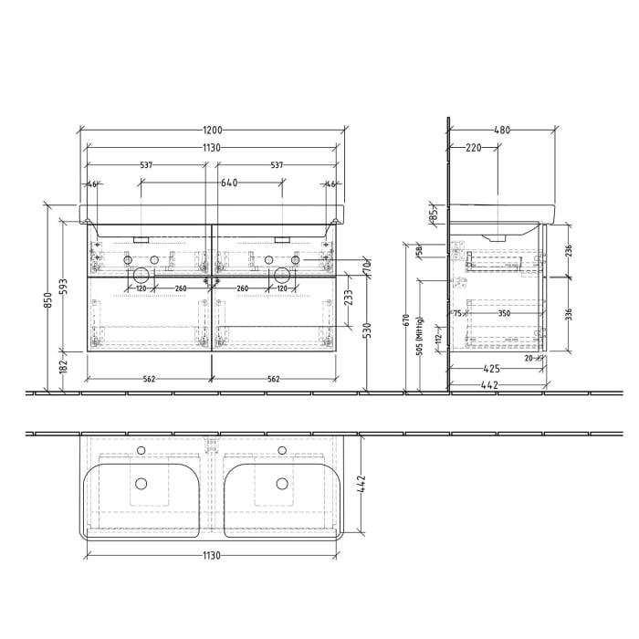 Sanipa 3way Waschtischunterbau für Keramik-Doppelwaschtisch Smyle Square 120 cm, 4 Auszüge mit Griffleisten