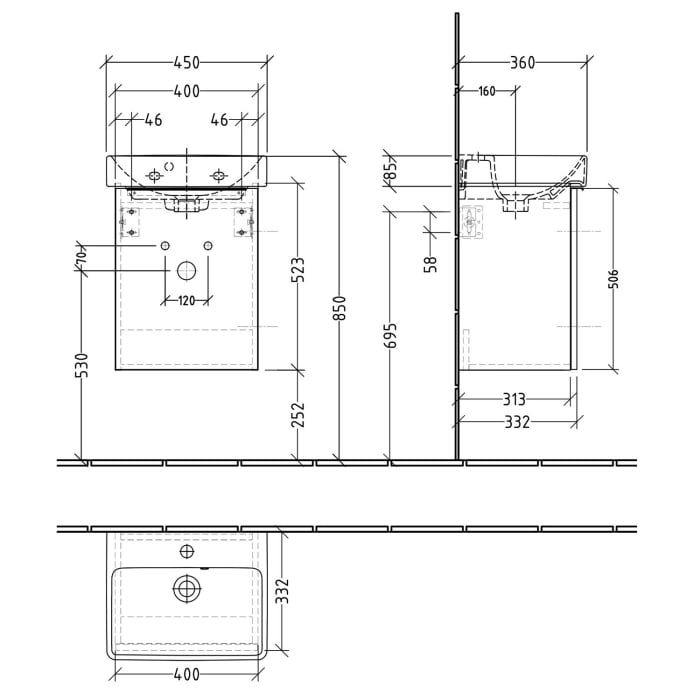 Sanipa 3way Waschtischunterbau für Keramik-Waschtisch Smyle Square 45 cm, 1 Tür, Anschlag rechts, mit Push to open