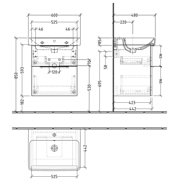 Sanipa 3way Waschtischunterbau für Keramik-Waschtisch Smyle Square 60 cm, 2 Auszüge mit Push to open