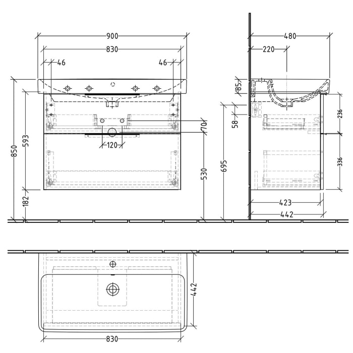 Sanipa 3way Waschtischunterbau für Keramik-Waschtisch Smyle Square 90 cm, 2 Auszüge mit Push to open