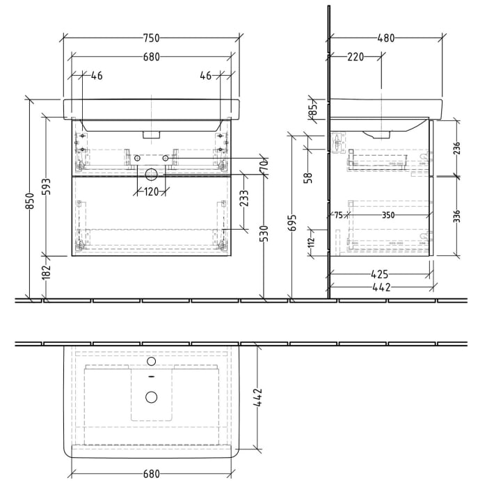 Sanipa 3way Waschtischunterbau für Keramik-Waschtisch Smyle Square 75 cm, 2 Auszüge mit Push to open