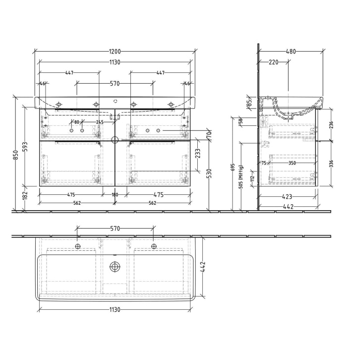 Sanipa 3way Waschtischunterbau für Keramik-Waschtisch Smyle Square 120 cm, 4 Auszüge mit Push to open