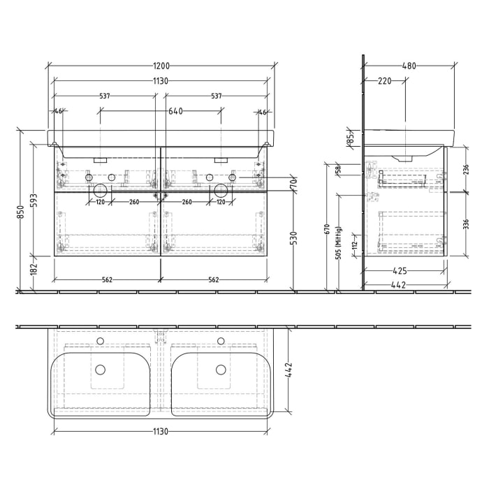Sanipa 3way Waschtischunterbau für Keramik-Doppelwaschtisch Smyle Square 120 cm, 4 Auszüge mit Push to open
