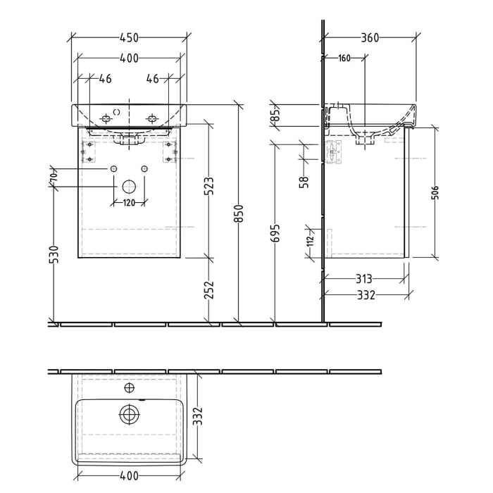 Sanipa 3way Waschtischunterbau für Keramik-Waschtisch Smyle Square 45 cm, 1 Tür, Anschlag links, mit Aufsatzgriff