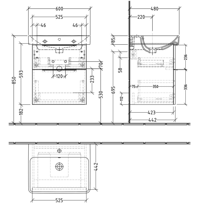 Sanipa 3way Waschtischunterbau für Keramik-Waschtisch Smyle Square 60 cm, 2 Auszüge mit Aufsatzgriff