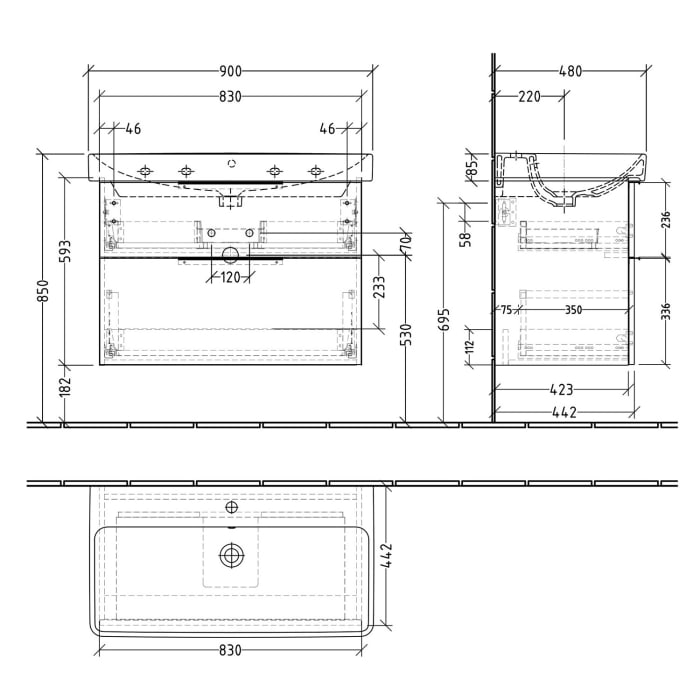Sanipa 3way Waschtischunterbau für Keramik-Waschtisch Smyle Square 90 cm, 2 Auszüge mit Aufsatzgriff