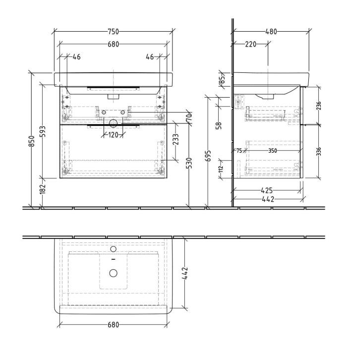 Sanipa 3way Waschtischunterbau für Keramik-Waschtisch Smyle Square 75 cm, 2 Auszüge mit Aufsatzgriff