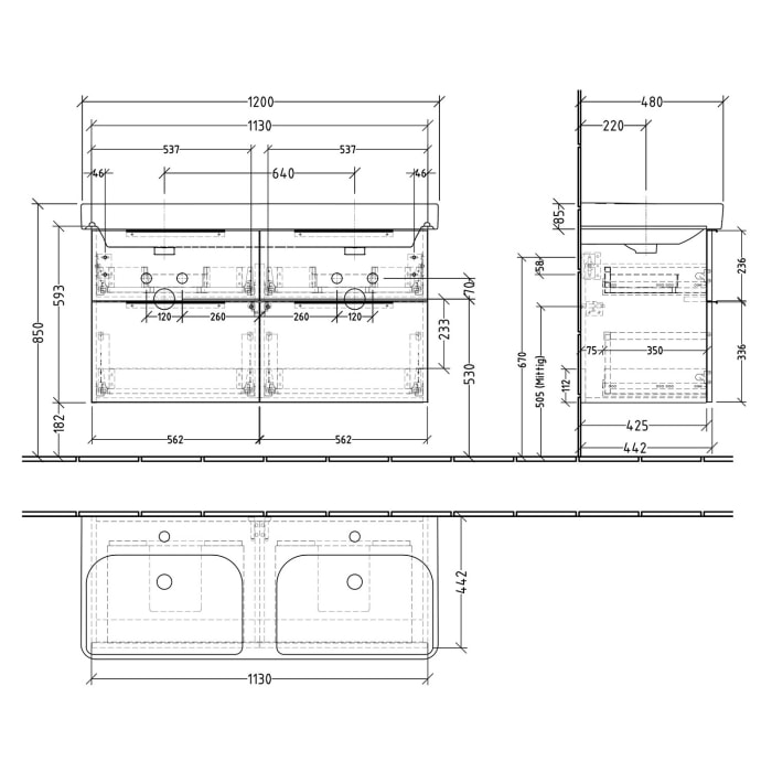 Sanipa 3way Waschtischunterbau für Keramik-Doppelwaschtisch Smyle Square 120 cm, 4 Auszüge mit Aufsatzgriff