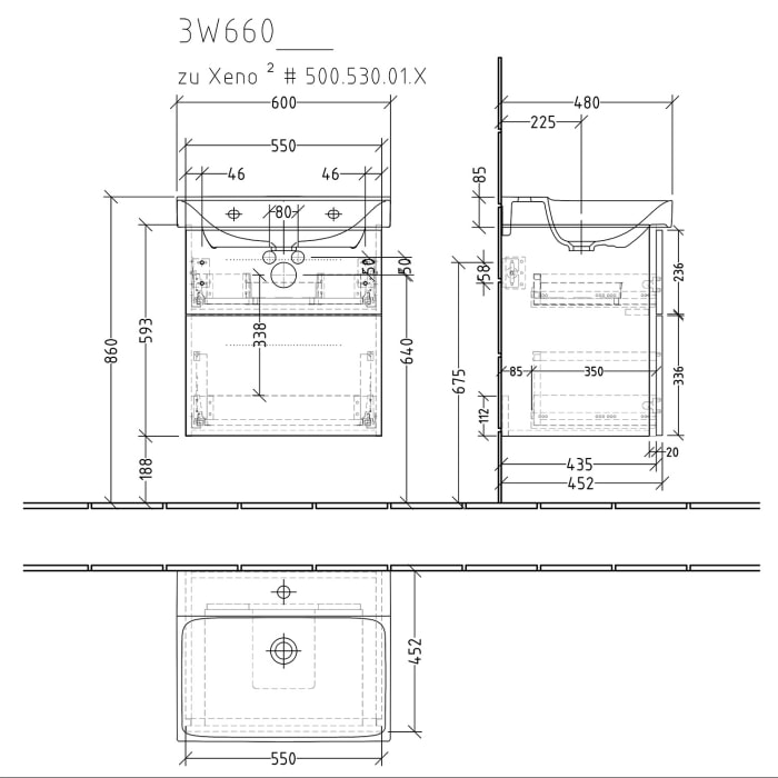 Sanipa 3way Waschtischunterbau für Keramik-Waschtisch Xeno² 60 cm, 2 Auszüge mit Griffleisten