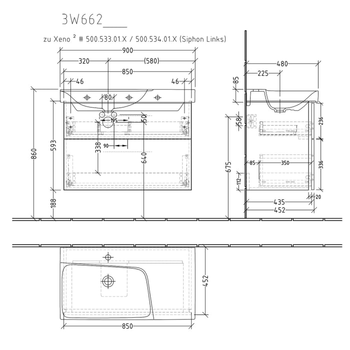 Sanipa 3way Waschtischunterbau für Keramik-Waschtisch Xeno² 90 cm, 2 Auszüge mit Griffleisten, Ablagefläche rechts