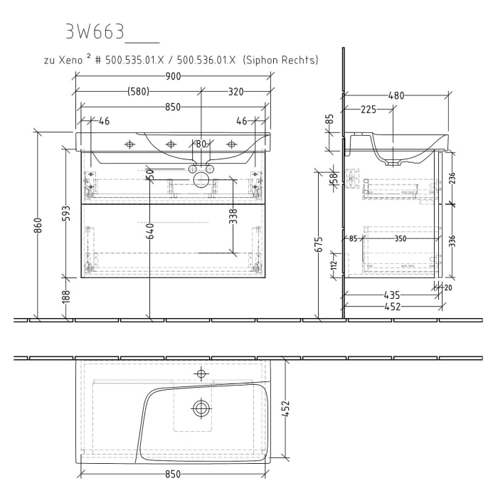 Sanipa 3way Waschtischunterbau für Keramik-Waschtisch Xeno² 90 cm, 2 Auszüge mit Griffleisten, Ablagefläche links