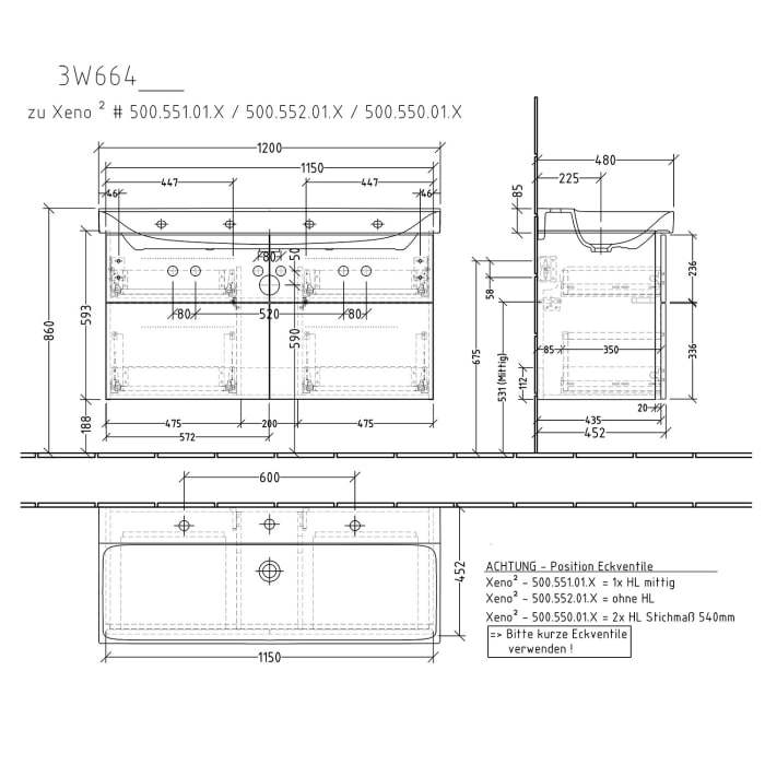Sanipa 3way Waschtischunterbau für Keramik-Waschtisch Xeno² 120 cm, 4 Auszüge mit Griffleisten