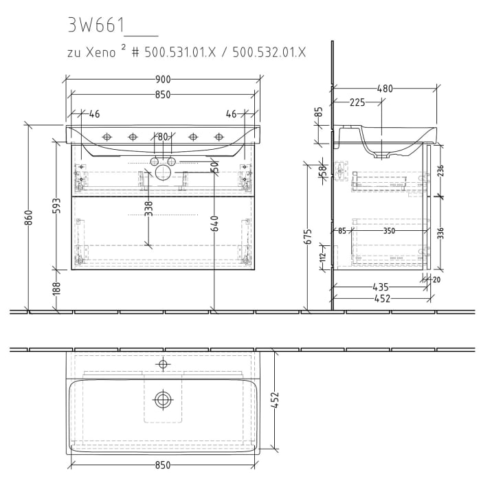 Sanipa 3way Waschtischunterbau für Keramik-Waschtisch Xeno² 90 cm, 2 Auszüge mit Griffleisten