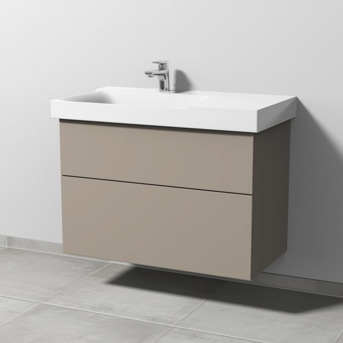Sanipa 3way Waschtischunterbau für Keramik-Waschtisch Xeno² 90 cm, 2 Auszüge mit Push to open, Ablagefläche rechts