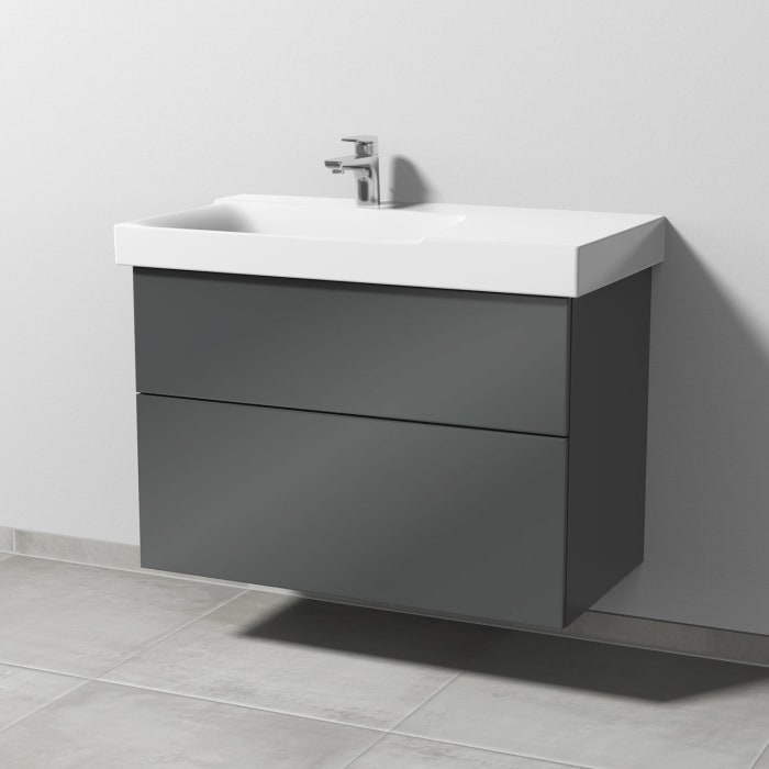 Sanipa 3way Waschtischunterbau für Keramik-Waschtisch Xeno² 90 cm, 2 Auszüge mit Push to open, Ablagefläche rechts