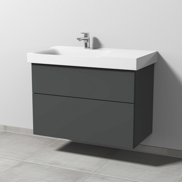 Sanipa 3way Waschtischunterbau für Keramik-Waschtisch Xeno² 90 cm, 2 Auszüge mit Push to open, Ablagefläche rechts