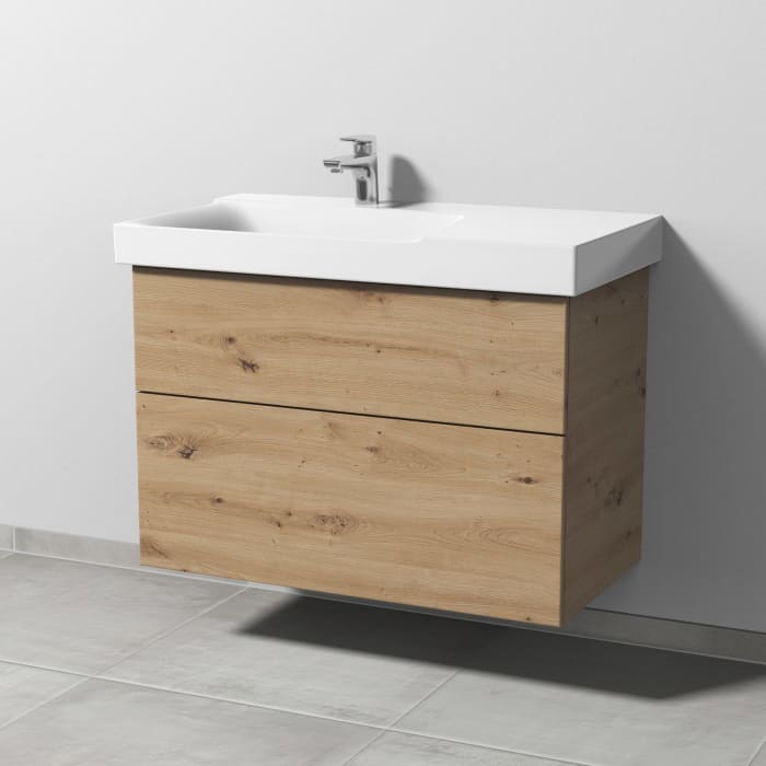Sanipa 3way Waschtischunterbau für Keramik-Waschtisch Xeno² 90 cm, 2 Auszüge mit Push to open, Ablagefläche rechts