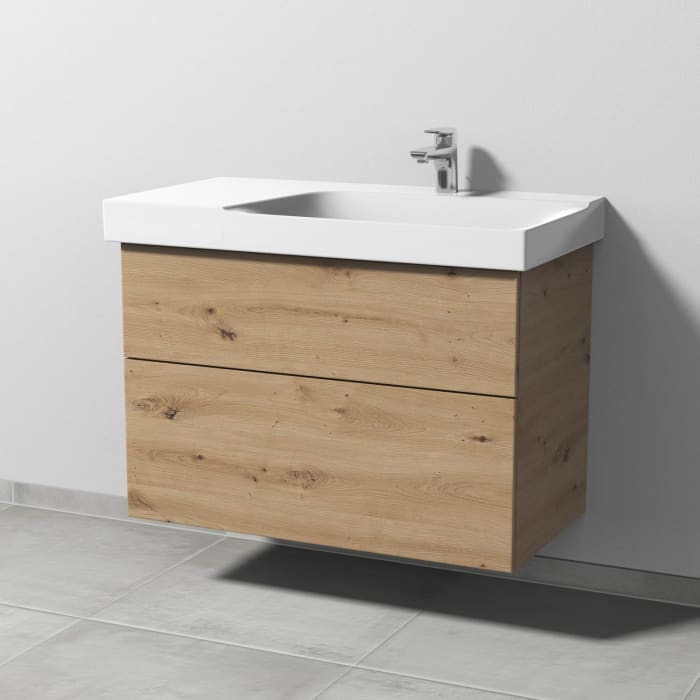 Sanipa 3way Waschtischunterbau für Keramik-Waschtisch Xeno² 90 cm, 2 Auszüge mit Push to open, Ablagefläche links