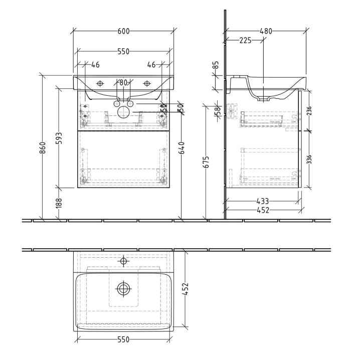 Sanipa 3way Waschtischunterbau für Keramik-Waschtisch Xeno² 60 cm, 2 Auszüge mit Push to open