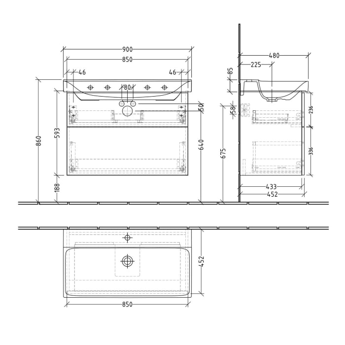 Sanipa 3way Waschtischunterbau für Keramik-Waschtisch Xeno² 90 cm, 2 Auszüge mit Push to open