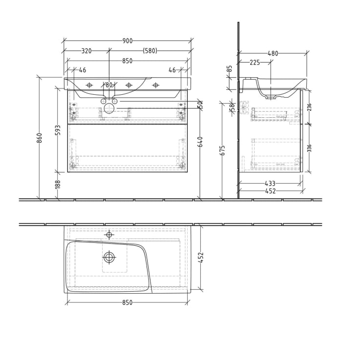 Sanipa 3way Waschtischunterbau für Keramik-Waschtisch Xeno² 90 cm, 2 Auszüge mit Push to open, Ablagefläche rechts