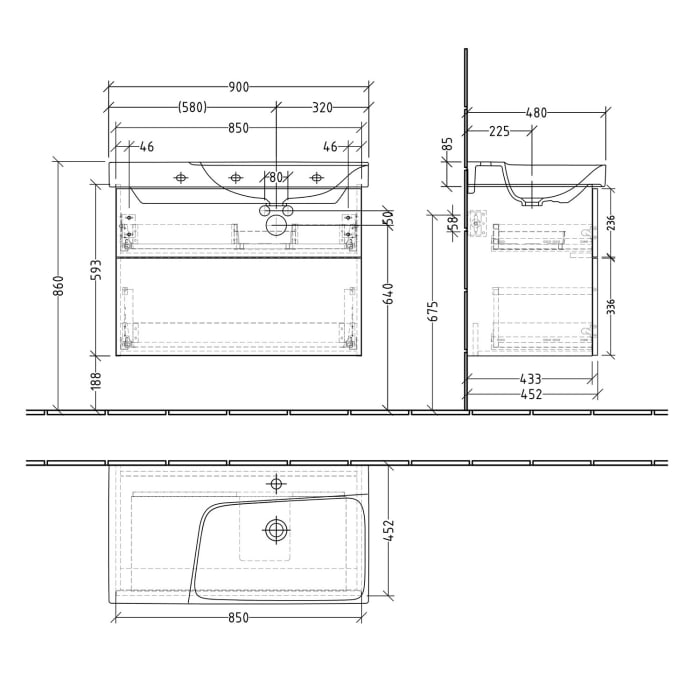 Sanipa 3way Waschtischunterbau für Keramik-Waschtisch Xeno² 90 cm, 2 Auszüge mit Push to open, Ablagefläche links