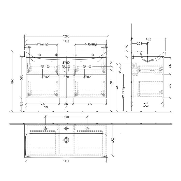 Sanipa 3way Waschtischunterbau für Keramik-Waschtisch Xeno² 120 cm, 4 Auszüge mit Push to open