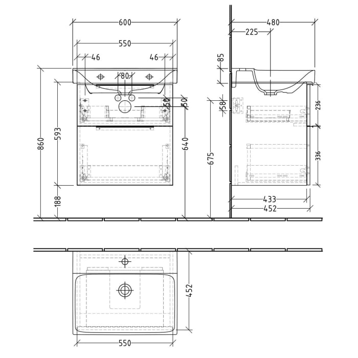 Sanipa 3way Waschtischunterbau für Keramik-Waschtisch Xeno² 60 cm, 2 Auszüge mit Aufsatzgriff