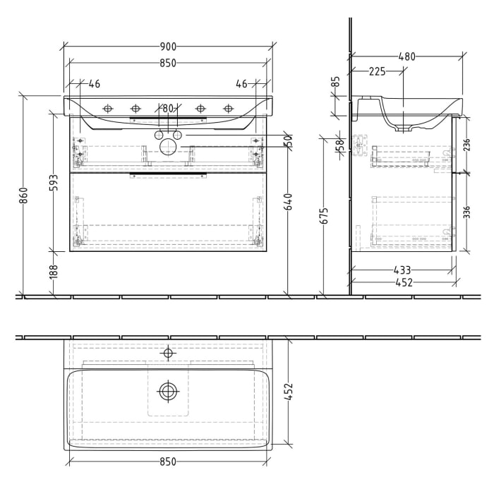 Sanipa 3way Waschtischunterbau für Keramik-Waschtisch Xeno² 90 cm, 2 Auszüge mit Aufsatzgriff