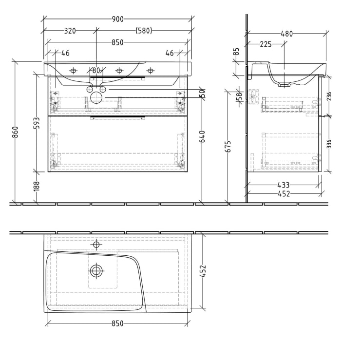 Sanipa 3way Waschtischunterbau für Keramik-Waschtisch Xeno² 90 cm, 2 Auszüge mit Aufsatzgriff, Ablagefläche rechts