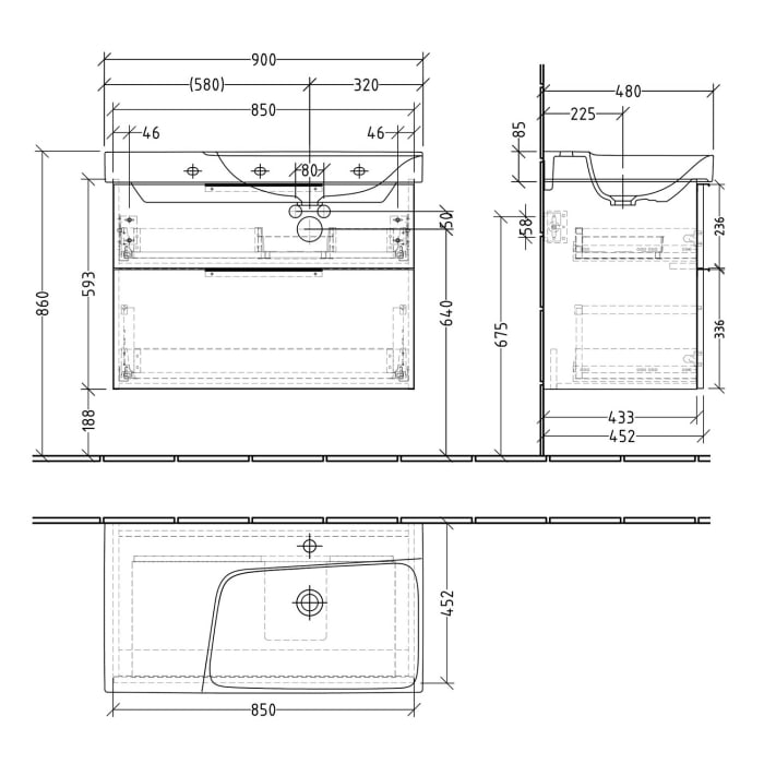 Sanipa 3way Waschtischunterbau für Keramik-Waschtisch Xeno² 90 cm, 2 Auszüge mit Aufsatzgriff, Ablagefläche links