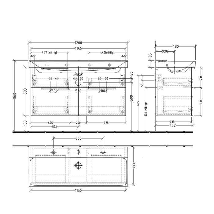 Sanipa 3way Waschtischunterbau für Keramik-Waschtisch Xeno² 120 cm, 4 Auszüge mit Aufsatzgriff