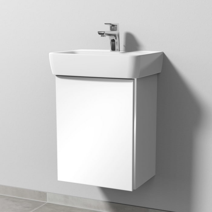 Sanipa 3way Waschtischunterbau für Keramik-Waschtisch Renova Plan 45 cm, 1 Tür, Anschlag links, mit Griffleiste