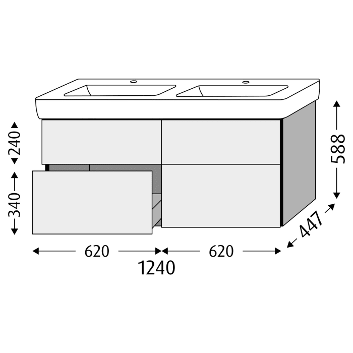 Sanipa 3way Waschtischunterbau für Keramik-Doppelwaschtisch Renova Plan 130 cm, 4 Auszüge mit Griffleisten